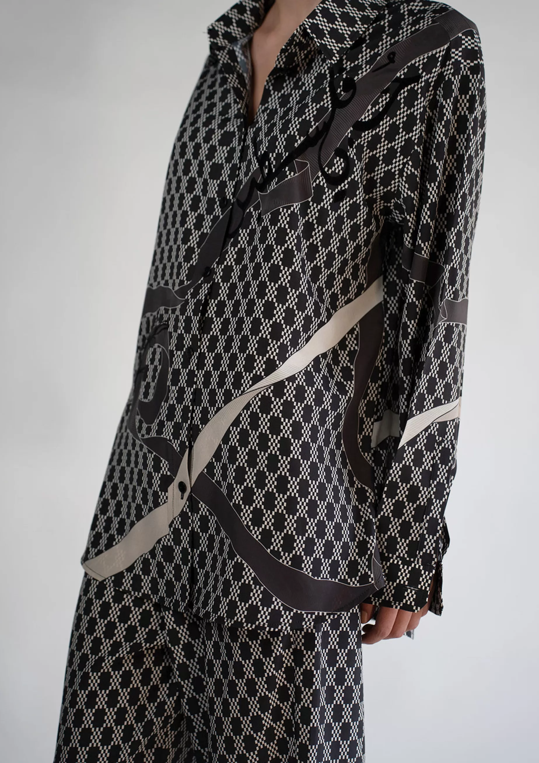 Tops<Nafsika Skourti Monochrome Ribbon Print Satin Shirt Geometric